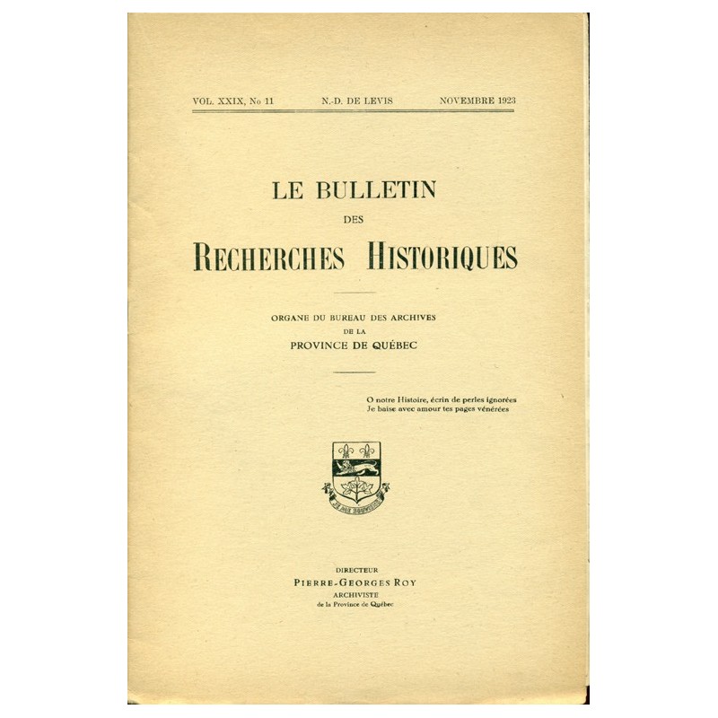 LE BULLETIN DES RECHERCHES HISTORIQUES VOL XXIX, NO 11 – NOVEMBRE 1923 